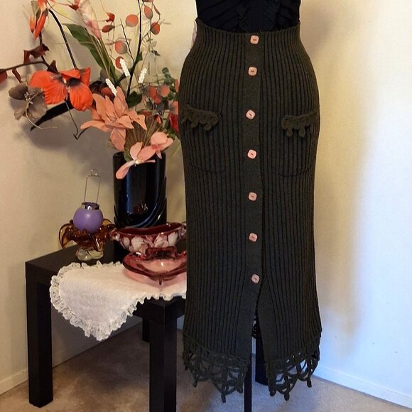 Preowned Women's Olive Green Maxi Skirt High Waist Stretch Long Knitted Skirts - Picture 2 of 8